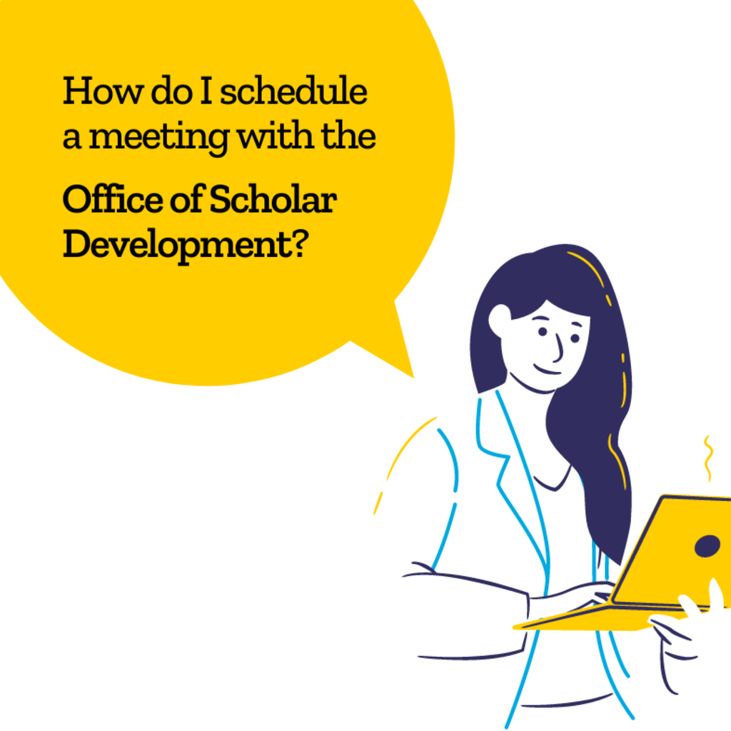 An illustration of a woman looking at her laptop while asking "How do I schedule an appointment with the OSD?"