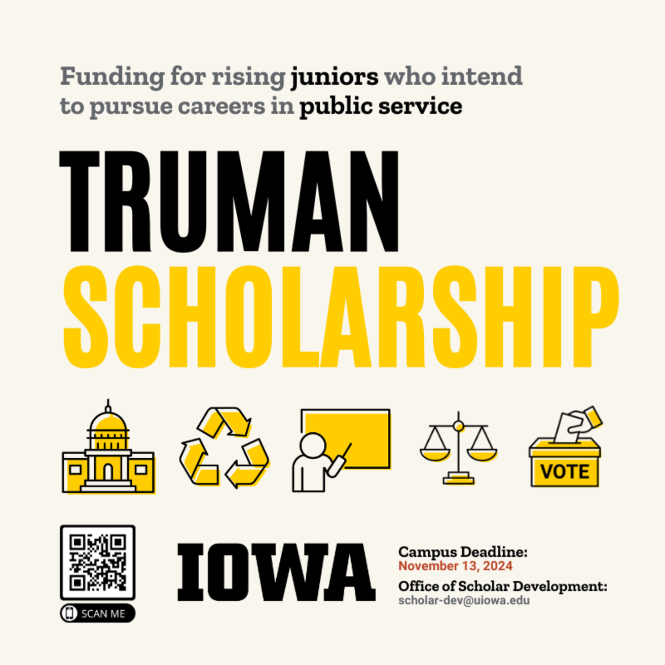 2024-25 University of Iowa Truman Scholarship Campus Deadline 