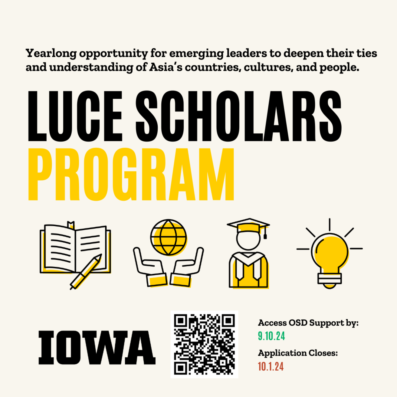 Luce Scholars Program name presented above graphich images of an open book, two hands holding the world, a gender neutral graduate in a cap and gown, and a beaming light bulb