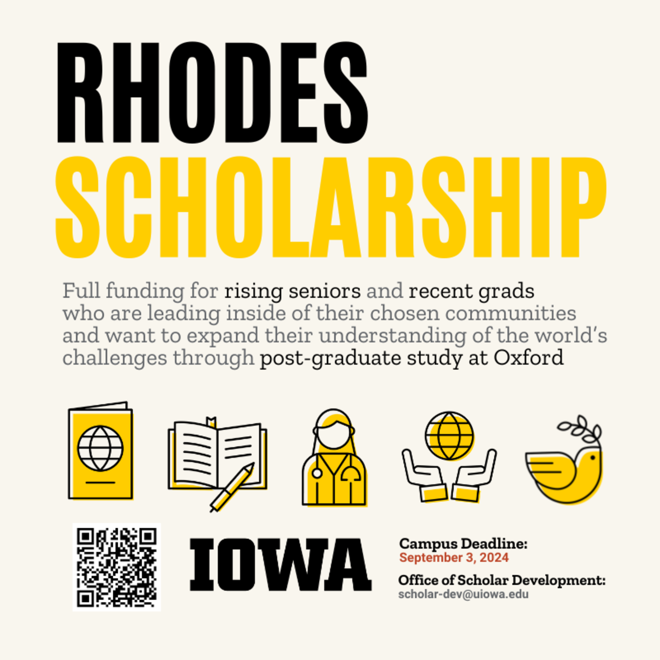 Text reading Rhodes Scholarship above graphic depictions of a passport, open book, a female doctor, two hands holding the world, and a peace dove